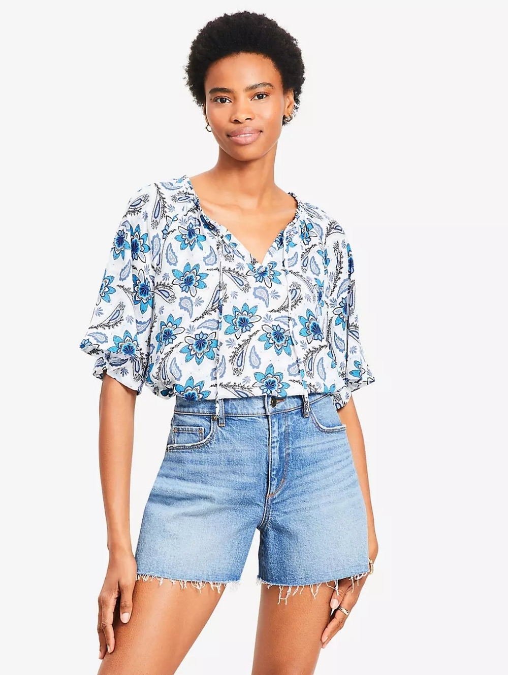 NEW Ann Taylor Loft Blue Floral Flutter Sleeve Top S